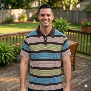 Red Jacket Polo Shirt Mens Medium Brown Multi Color Striped Cotton Excellent